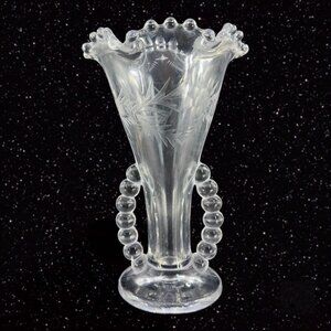 Imperial Candlewick Clear Flower Vase Ruffled Rim Etched Flowers Clear Vintage